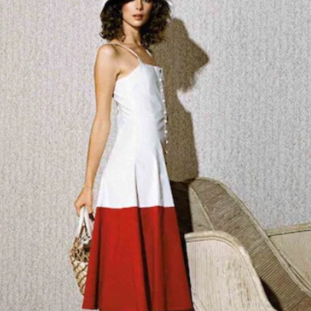 Staud Bicolor White/Red Button Down Cotton Midi Dress M $595